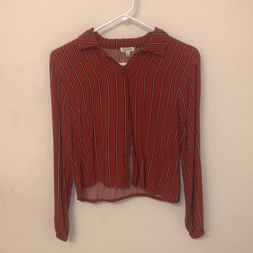 Red, striped button down shirt